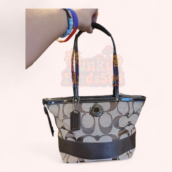 Coach Signature Stripe Tote F19046 Khaki Brown Canvas Leather Trim Purse Bag - Picture 2 of 14